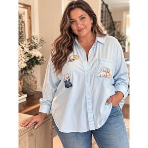 Vintage 90s Mili Blue White Stripe Embroidered Kittens Rhinestones Shirt Size XL